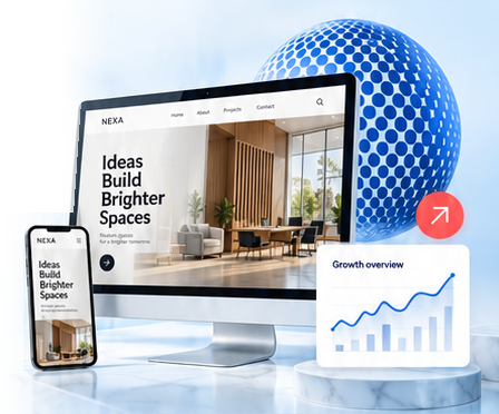 Website design concept on desktop and mobile with a blue brand sphere and growth overview